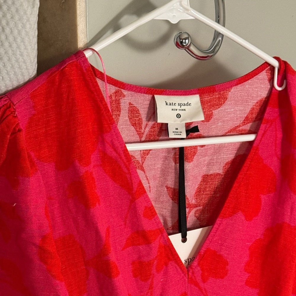Kate Spade x Target Pink and Red Floral Linen blend V-Neck Dress - Picture 2 of 7